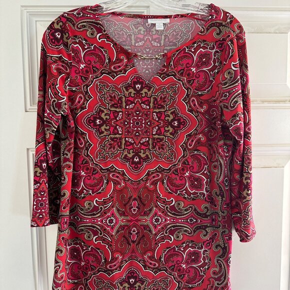 Charter Club Womens V-Neck Red Paisley Tunic Dress With 3/4 Sleeves - Picture 1 of 6